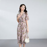 Kvinnors siden blommig wrap midi klänning puffhylsa veckad midja silkeklänning